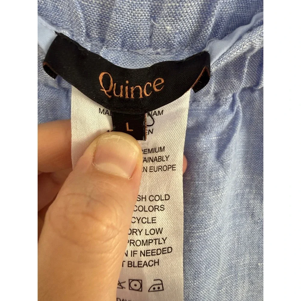 Quince French Blue 100% European Linen Straight Leg Elastic Waist Pants Sz L